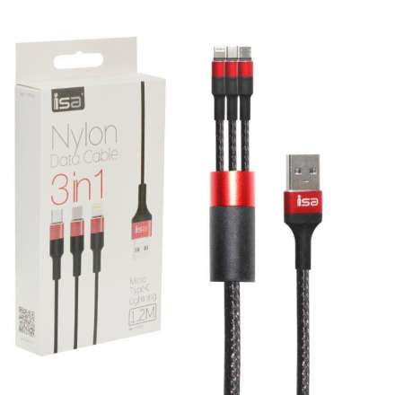 Кабель USB 3 в 1 Lightning + Micro USB + Type-C Nylon ISA черный оптом